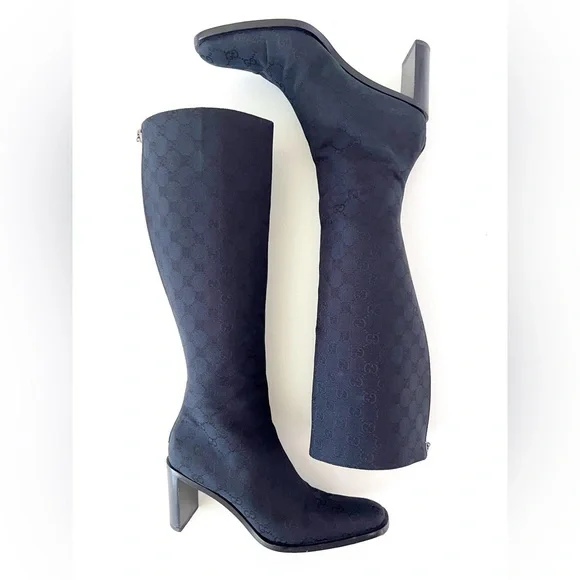 GUCCI || Vintage Y2K GG Monogram Canvas Square Toe Block Heel Knee High Boots - Picture 8 of 16